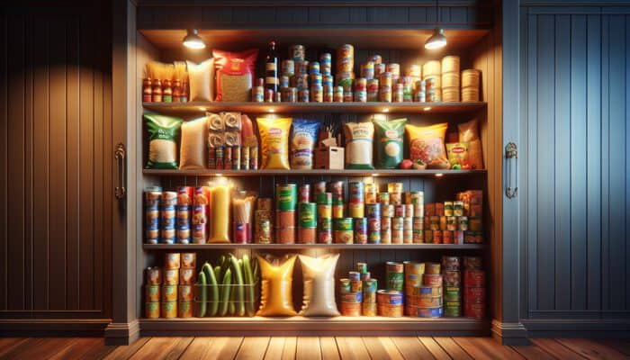 Neatly arranged pantry shelves with colourful rice bags, pasta, shiny bean cans, vibrant frozen veggies, and pre-cooked proteins under warm lighting.
