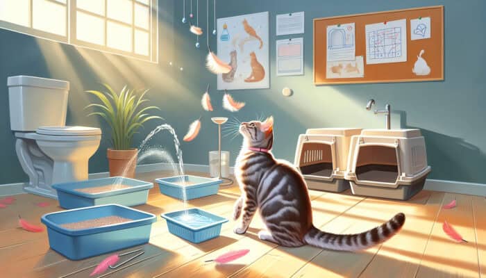 A content female tabby cat playfully batting at feather toys near a fresh water fountain and clean litter boxes in a sunlit home.
