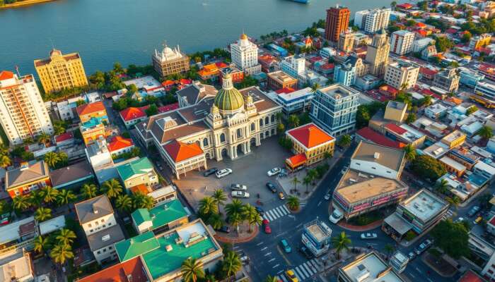 Aerial view of Belize City's vibrant urban core with historic government buildings, colourful cultural sites, and people exploring via maps and public transport.