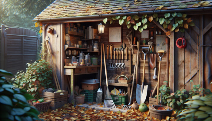 Cluttered rustic British garden shed with leaves, debris, and hand tools: spade, rake, and trowel on a wooden wall in soft sunlight.
