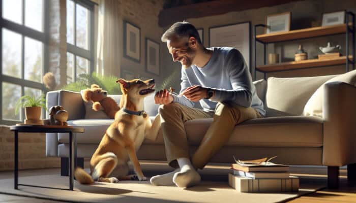 Affectionate spayed dog cuddling and playing with smiling owner on a cozy sofa in a sunlit living room.