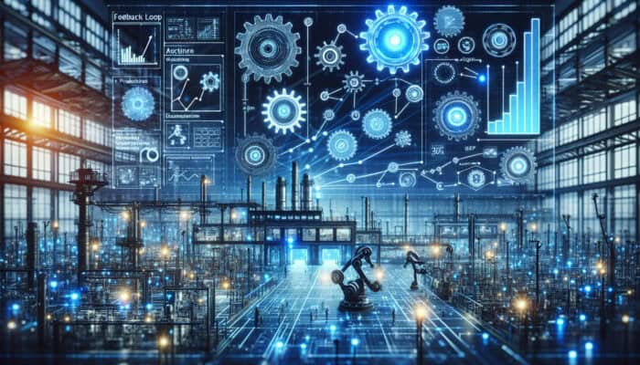 Illustration of a dynamic factory showcasing gears, circuits, and robots in a feedback loop designed to optimise operations with blue lights and rising graphs.