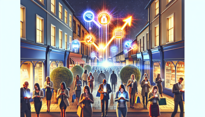 Bustling Exmouth high street showcasing vibrant shops, illuminated SEO icons, crowds engaging with smartphones, increasing foot traffic, and rising revenue graphs.