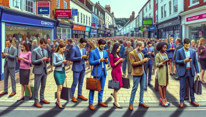 A lively Exmouth street with diverse professionals utilising smartphones to browse responsive websites, showcasing seamless navigation and high engagement.