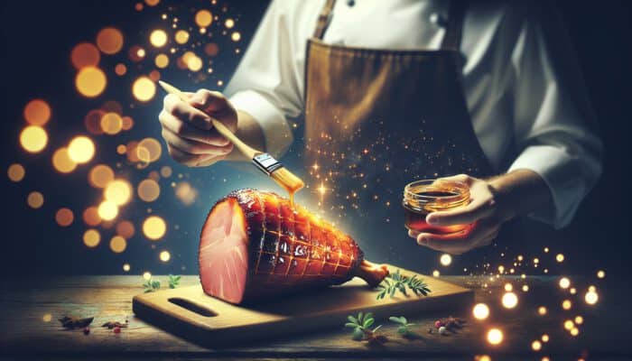 A chef brushes glossy caramelised glaze on a succulent ham on a wooden board, creating a golden crust.