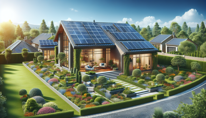 A modern suburban home in Pretoria featuring solar panels on the roof, surrounded by lush gardens and a clear blue sky, symbolizing sustainable energy and increased property value.