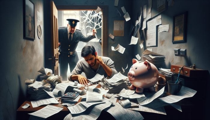 Stressed individual at cluttered desk with bills and broken piggy bank, as bailiff knocks on door in dimly lit home.