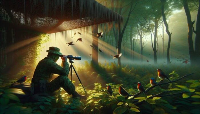 A bird watcher kneels in a serene forest at dawn, using binoculars to observe colorful birds behind a woven blind.