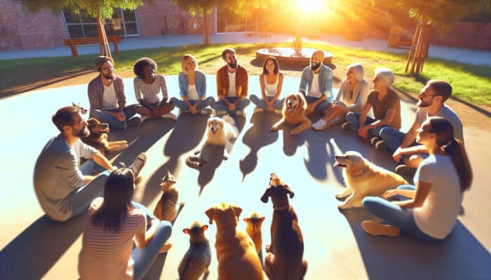 Pet Story Sharing Circles: Pet owners gather in a sunlit park, sharing stories of their dogs and cats, with warm smiles and pets lounging nearby.