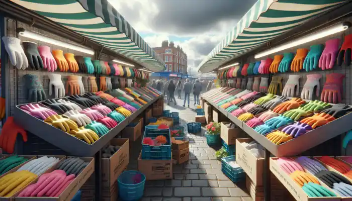 Cotton Gloves in Reading: A vibrant market stall in Reading, UK, displays cotton gloves: lightweight for delicate tasks, rugged with grips for gardening, under a cloudy sky.
