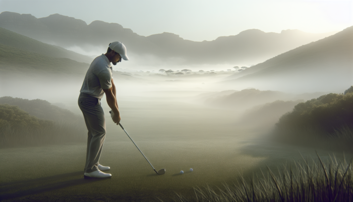 A South African golfer practices a relaxed grip in misty Western Cape fog on a dew-covered fairway, with coastal mountains behind.