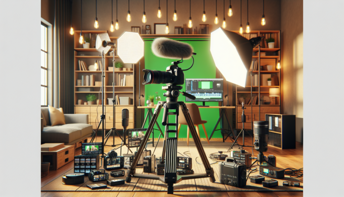 Video Content Production in Swindon for Small Business: A desk setup featuring a DSLR camera on a tripod, an external microphone, lighting kit, green screen, and hard drives within a well-equipped home office.