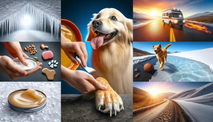 Paw Wax Application for Pet Protection: Close-up of a playful golden retriever getting paw wax applied to its pads, against snowy, paved, and rugged terrain backgrounds.
