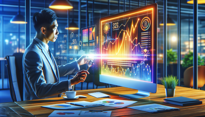 A small business owner in a Kingswood office analyzes colourful Google Analytics graphs showing SEO traffic, rankings, and conversions.