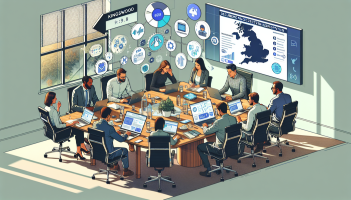 In a modern Kingswood office, web professionals and business owners discuss website planning with laptops, digital sketches, payment icons, and Gloucestershire maps.