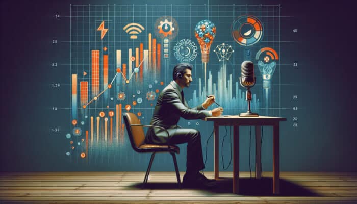 In a modern podcast studio, a focused host analyses rising download graphs, retention rates, and engagement metrics on digital dashboards.