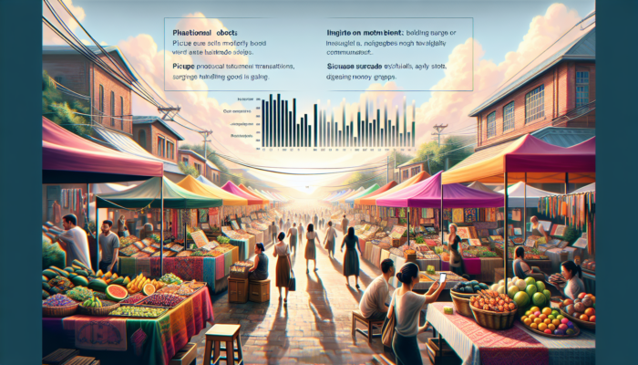 Bustling local market with WooCommerce stalls displaying handmade goods on screens, customers browsing apps, rising sales graphs under a sunny sky.