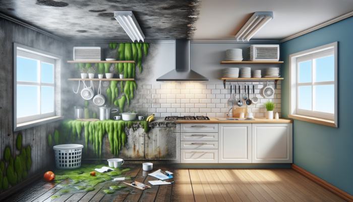 South African kitchen renovation: left side displays damp walls with green mould and foggy windows; right side showcases modern exhaust fans and bright, airy surfaces.