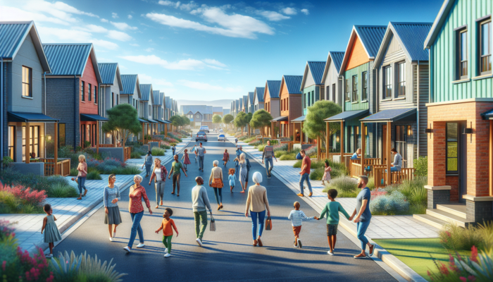 A serene street in Dullstroom, featuring colourful affordable homes, families walking to schools and parks, under a blue sky, with neighbours chatting.
