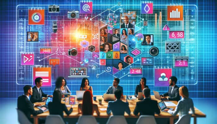 Vibrant digital calendar displaying monthly video plan with camera icons, timelines, deadlines, and platform logos; diverse team collaborating virtually across time zones.