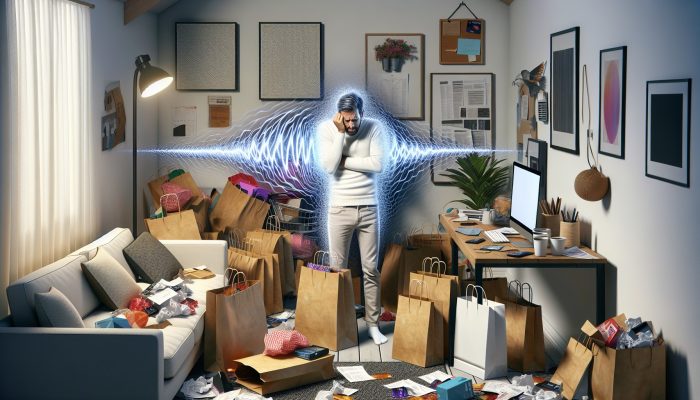 Consolidating Catalogue Debt in the UK: Essential Tips | DCL Stressed UK consumer in cluttered London flat, surrounded by shopping bags, crumpled credit bills, and rising interest graphs, depicting catalogue debt burden.