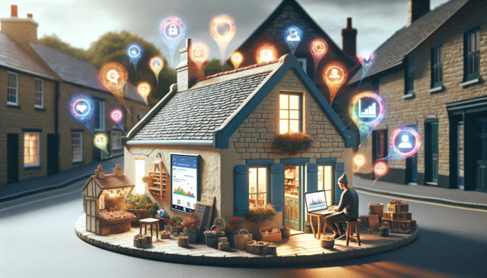 In a stone cottage, a small business owner reviews Instagram analytics on a laptop, with graphs of likes, comments, shares, and local scenes in the background.