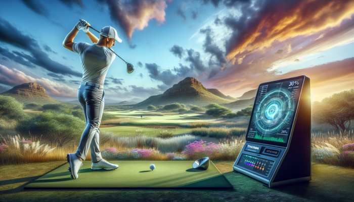An elite golfer swings on a lush Johannesburg course, with a TrackMan monitor displaying holographic analytics and distance enhancements under an African sky.