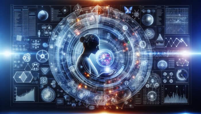 An SEO expert configures Google Analytics and SEMrush on multiple screens, surrounded by holographic traffic charts and data graphs.