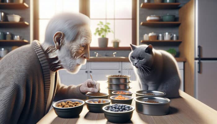 An elderly gray cat with wise eyes nibbling from multiple small bowls on a sunlit windowsill in a cosy kitchen.