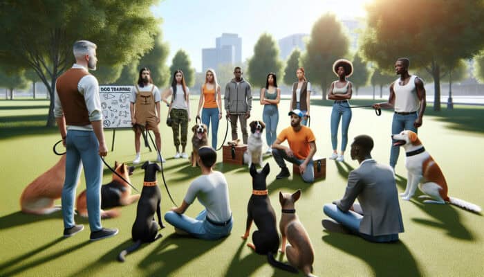 A professional dog trainer demonstrates techniques to attentive volunteers in a sunny park, with diverse dogs engaging in exercises.