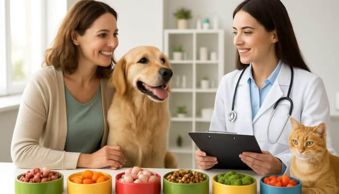 Compassionate pet owner consulting animal nutritionist in bright clinic with fresh food bowls and joyful dog, cat.