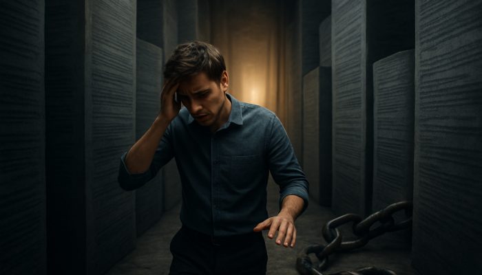 Young worker stressed in debt maze, surrounded by towering documents and broken chains, reaching for light of financial knowledge.