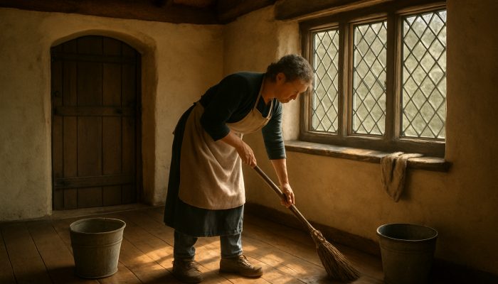 Tenant cleaning thatched cottage in Odcombe using brooms, buckets, and sunlight.