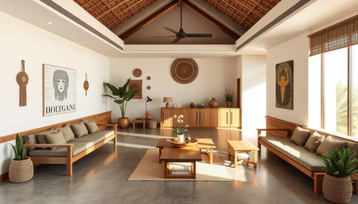 Modern boutique hotel lobby featuring minimalist design, sustainable wooden furniture, indigenous crafts, and local artwork bathed in natural light.