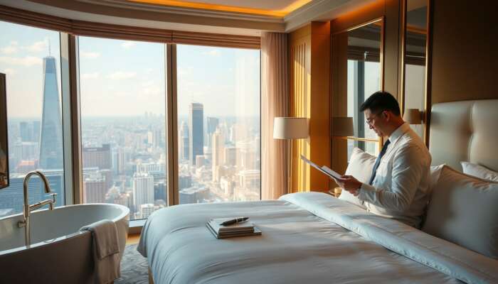 A hotel inspector examines crisp linens and gleaming fixtures in a luxurious five-star suite, holding a checklist with a city view illuminated by golden light.