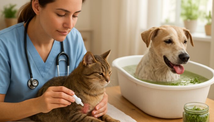 Veterinarian treating cat's rash with ointment and dog's skin in herbal bath.