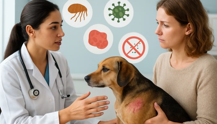 Veterinarian educating pet owner on dog skin rash myths, with icons of fleas, infections, and irritants in clinic.