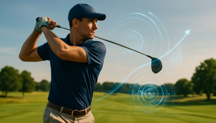 Golfer mid-swing with high-tech analyser, showing holographic data for improved trajectory and speed.