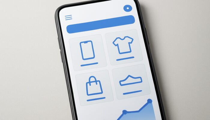 Sleek smartphone displaying optimised e-commerce site with fast navigation, product grids, and rising SEO graphs.