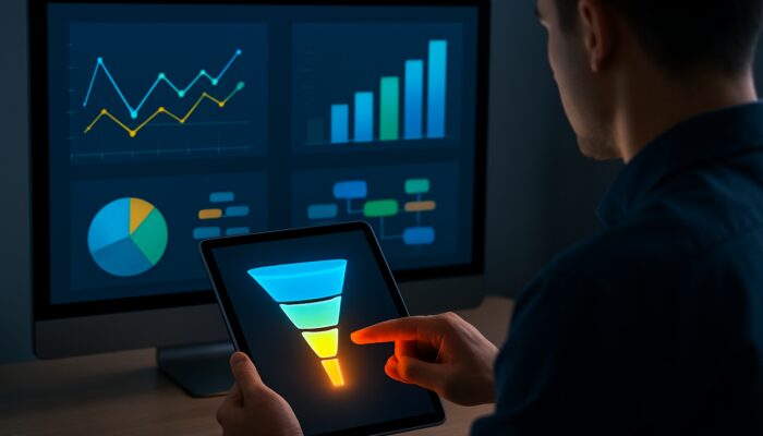 Analyst optimising mobile sales funnel on tablet with vibrant dashboard graphs of click-through rates and session durations.