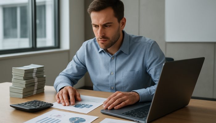 Focused professional in UK office reviewing financial documents and charts for debt consolidation.
