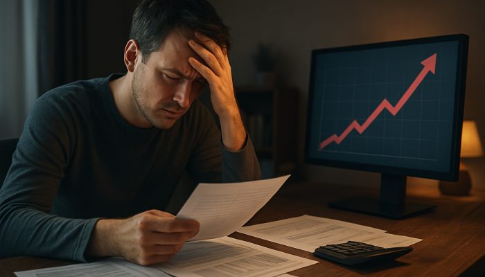 Stressed UK borrower sorting financial documents and rising interest rate graphs at home desk.