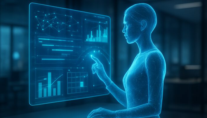 Holographic AI assistant analysing data streams and suggesting optimized schedules in a futuristic office.