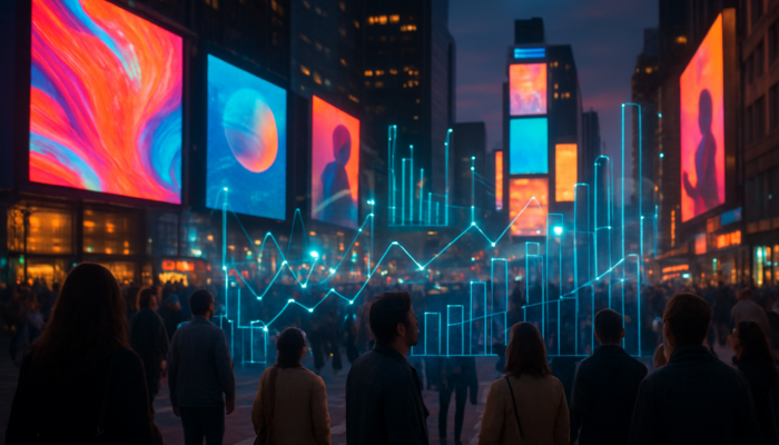 Bustling urban street at dusk featuring digital billboards, crowds engaging with ads, and a holographic overlay showcasing real-time metrics.