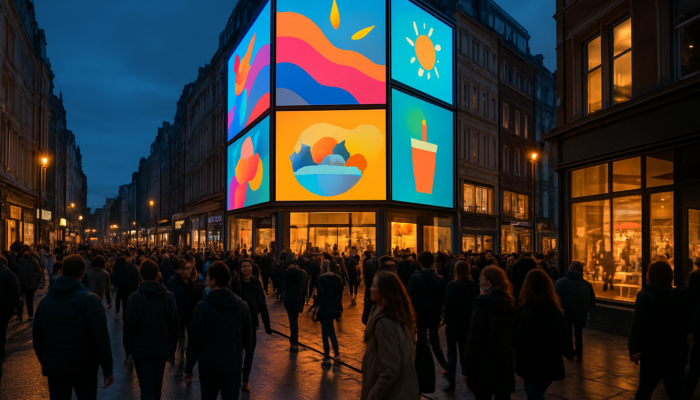 Bustling UK city street at dusk with digital billboards promoting small businesses, attracting crowds.