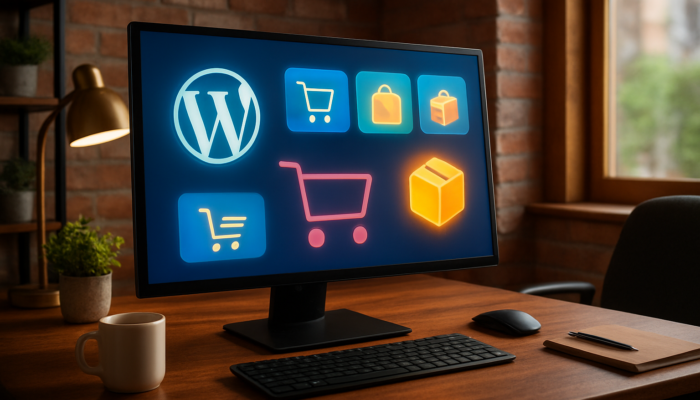Lively WordPress dashboard in Bridport office, showcasing WooCommerce e-commerce icons and shopping carts.
