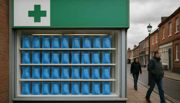Display of sterile blue medical gloves in a pharmacy window in Burton upon Trent.