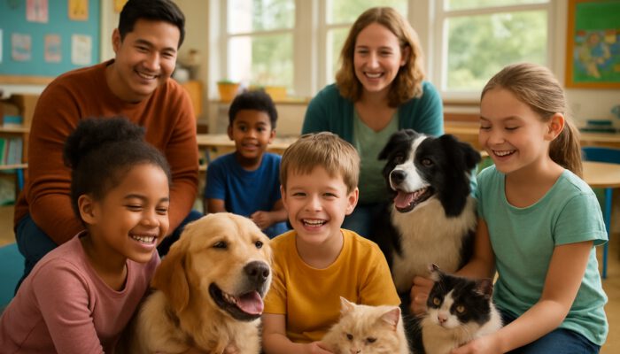 Children and teachers enjoying time with therapy dogs and cats in a lively classroom, providing emotional support.