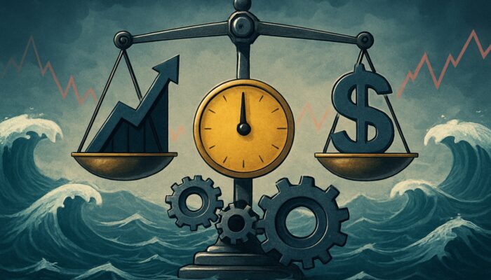 Financial scale balancing the Calmar Ratio amid market waves and gears adjusting for volatility and risk.
