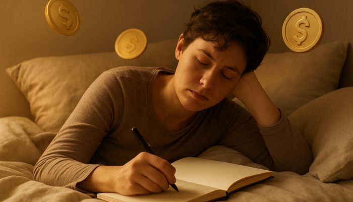 Exhausted individual resting in bed writing a compassionate debt repayment plan in journal with warm golden light